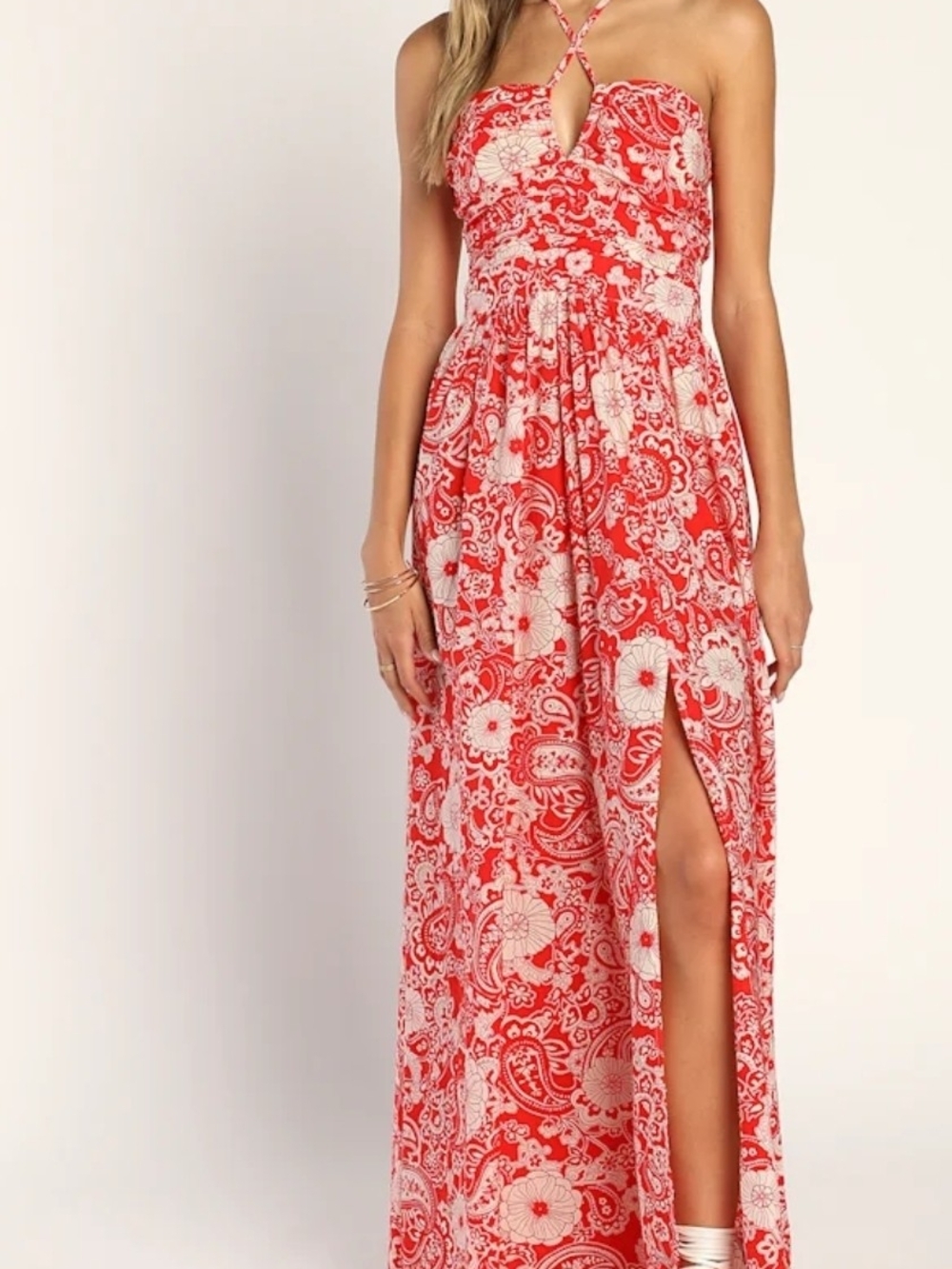 Lulu's Red and White Paisley Strapless Maxi Dress